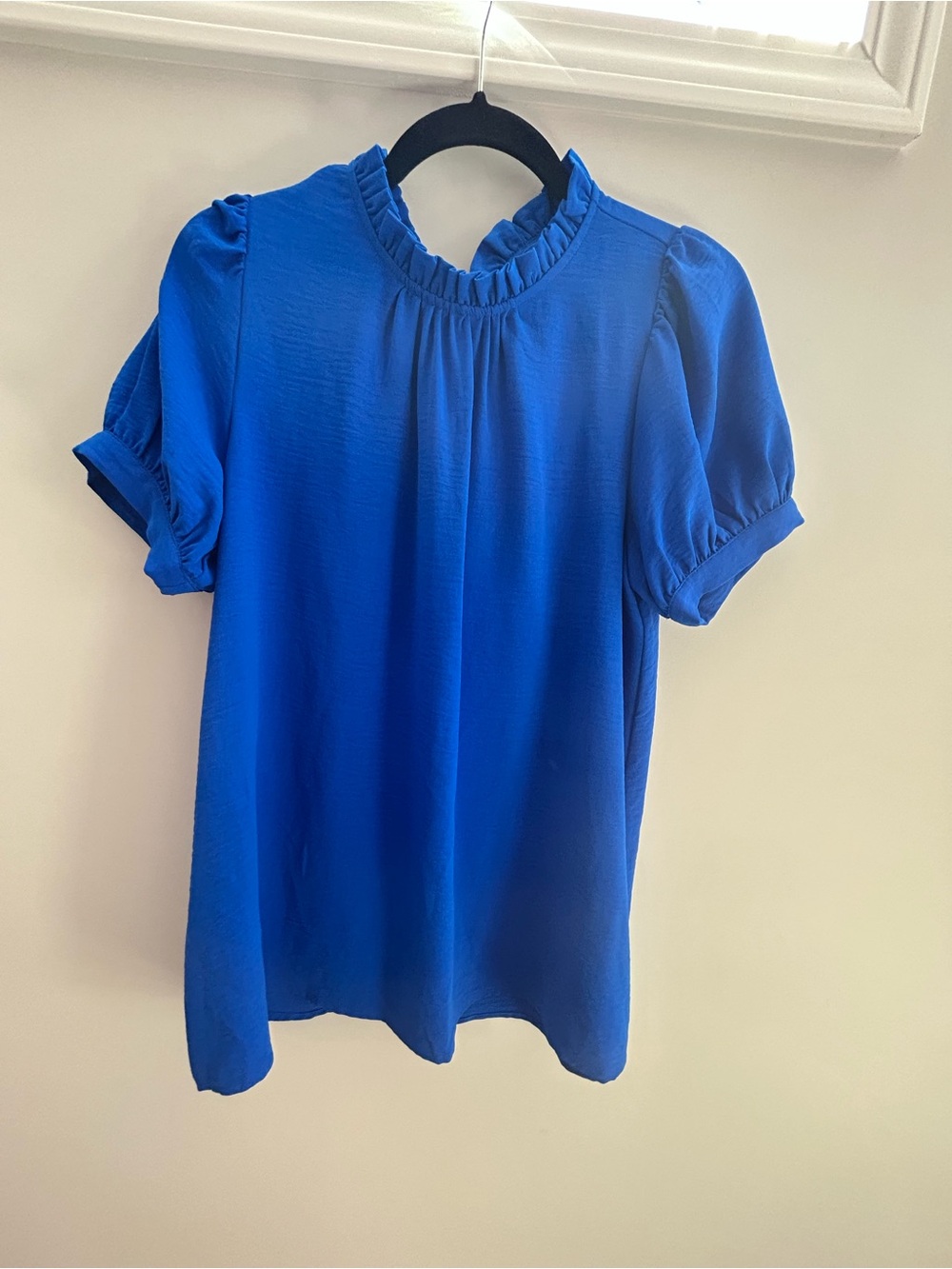 JODIFL Royal Blue Ruffle Neck Puff Sleeve Blouse M